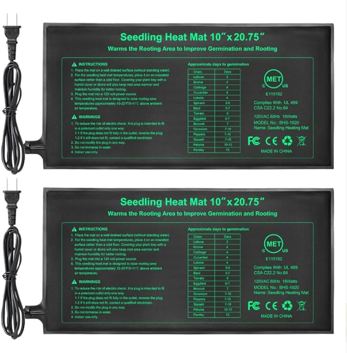 Bestio Seeding Heat Mat 10"x 20.75", 2 Pack Durable Seedling Heat Mat for Seed Starting, UL and MET Certified Waterproof Warming Mat Plant Heating Pad for Seed Germination,Hydroponics, Greenhouses
