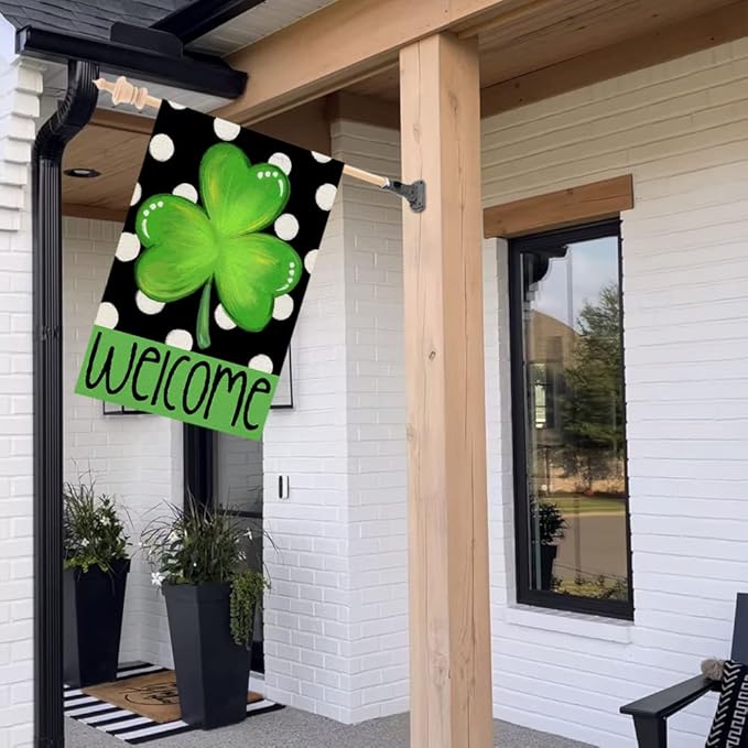 CROWNED BEAUTY St Patricks Day House Flag 28×40 Inch Double Sided Green Shamrock Clover Welcome Big Outside Vertical Holiday Yard Decor CF356-40