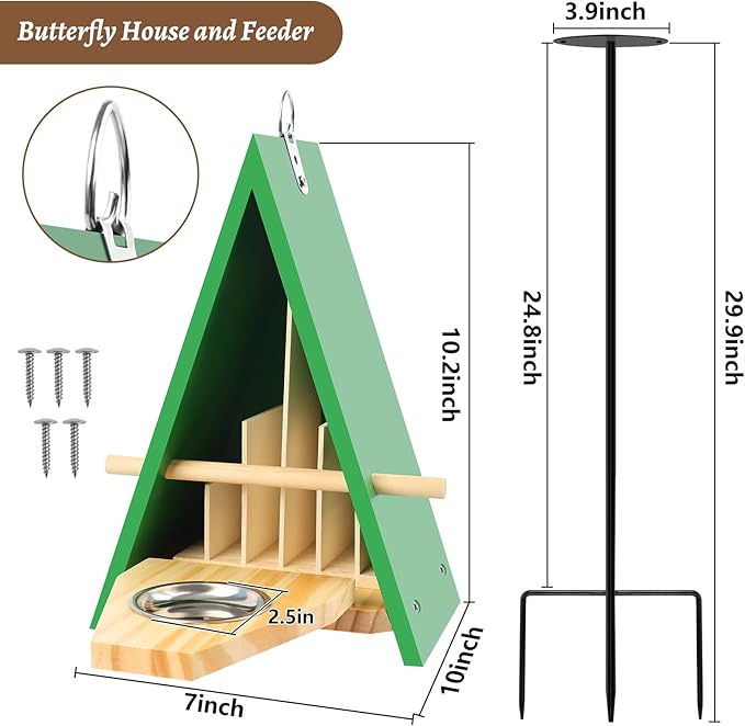 New Butterfly House and Feeder for Outside, Wooden Butterfly House with Metal Stake for Garden, Natural Butterfly Habitat with Butterfly Puddler on The Floor or Hanging on Tree Wall