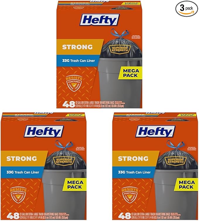 Hefty Strong Extra Large Trash Bags,Black,33 Gallon,48 Count (Pack of 3)