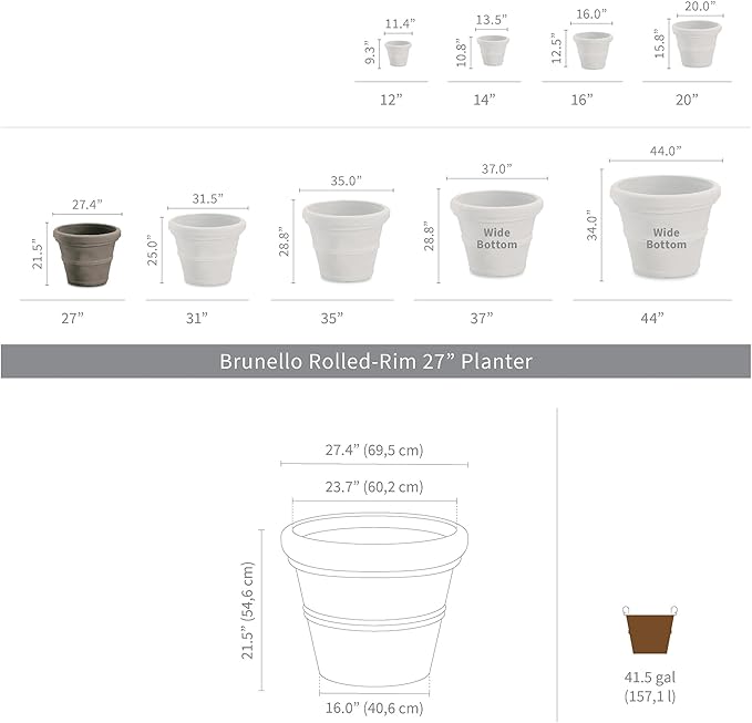Crescent Garden Brunello Classic Rolled Rim Planter, Indoor/Outdoor Weather-Safe Round Plant Pot, Large Plastic Flowerpot for Flowers, Faux Plants, Trees - 27'' W (Terracotta Color)