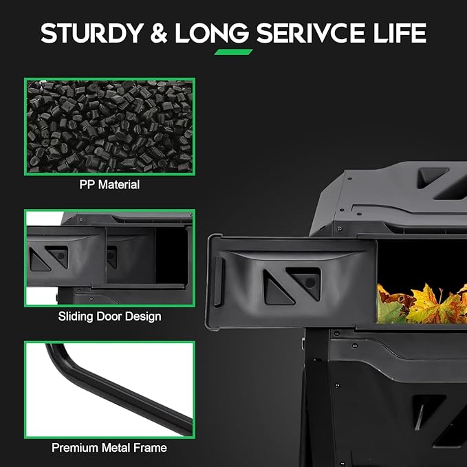 43 Gallon Large Composting Tumbler Dual Chamber Outdoor Garden Rotating Compost Bin Tumbling Composter with Sliding Door,Black