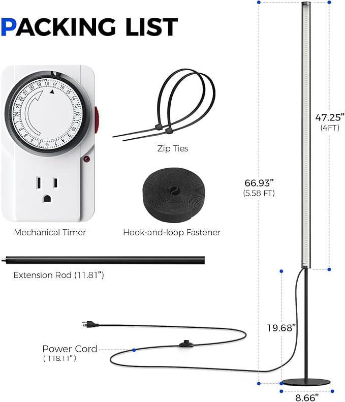 Barrina T1S Standing Grow Light for Indoor Plants with Timer, 65W 5000K High PPFD Full Spectrum, Tera Series Vertical Grow Lights Adjustable Height 5FT-5.6FT, Foot Switch, Non-Glare Design, Black