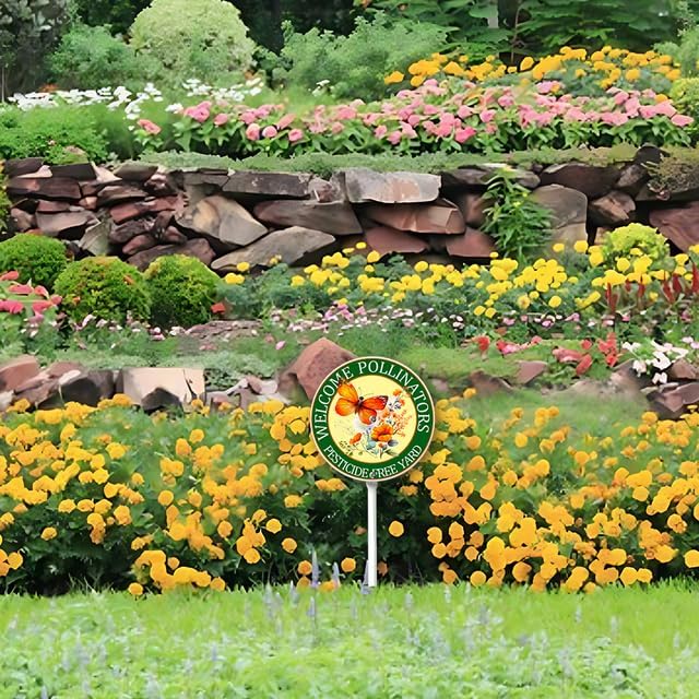 Kurmntregon Welcome Pollinators Pesticide Free Yard Sign Pollinators Friendly Garden Sign With Stake Round 9.2inch Aluminum Security Warning Sign Porch Farmhouse Ranch Farm Courtyard