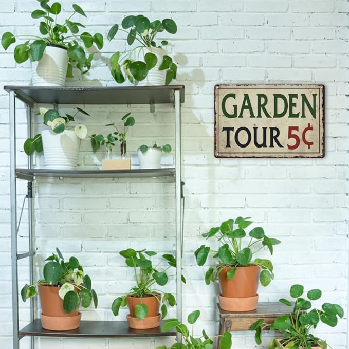 Garden Signs for Outside - Garden Tours 5 Cents, Vintage Metal Welcome Sign for Outdoor, Porch, Back Yard, Farmhouse, Patio Wall Decor Art, Gifts for Women, 12 x 8 inch