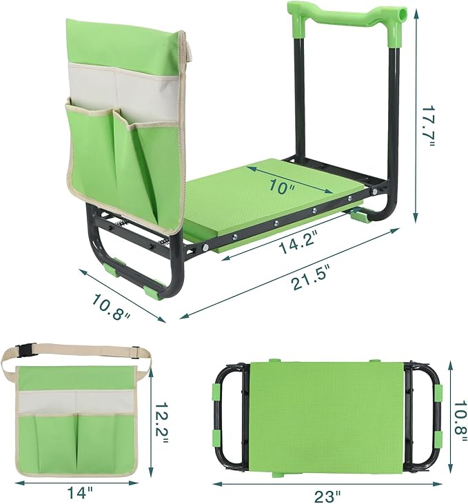 Foldable Garden Kneeler and Seat – 2-in-1 Gardening Stool with a Tool Storage Pouch, Lightweight and Portable for Elderly, Outdoor, Lawn Care (Green)