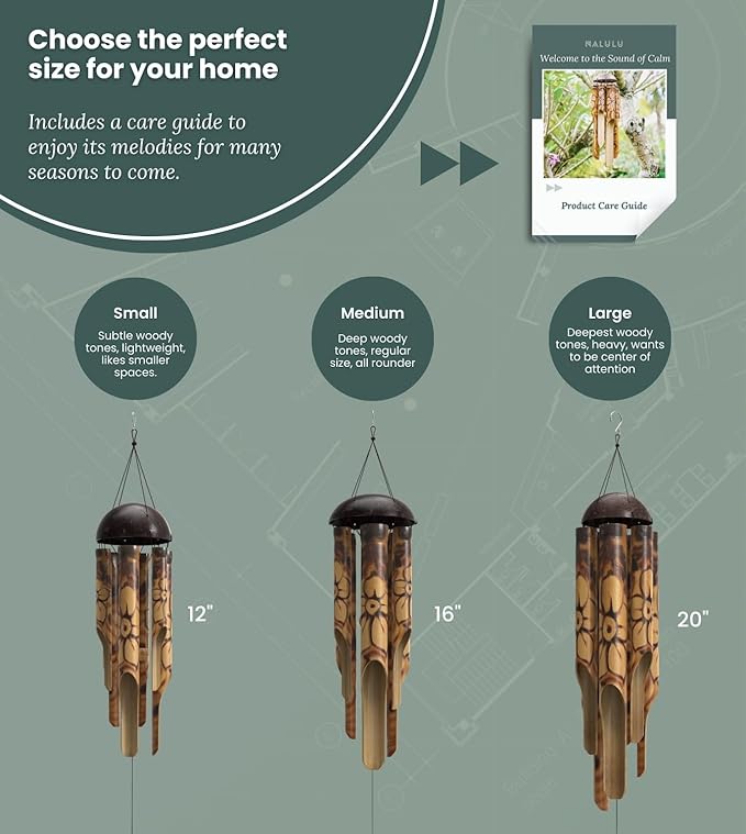 Rustic Bamboo Wind Chimes - Outside Outdoor Wooden Windchimes, Small, Floral Burned Design with Coconut Crown, Handcrafted with Calming Deep Tones, Home Decor Ideal Gift for Him & Her