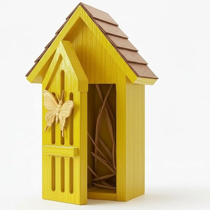 Shingle Roof Butterfly House for Outdoor, Insect House, Vintage Style Cedar Wood Bee House for Garden Outside, Open Door for Easy Cleaning Conservation.Shelter Hotel with Hooks for Hanging (Yellow)