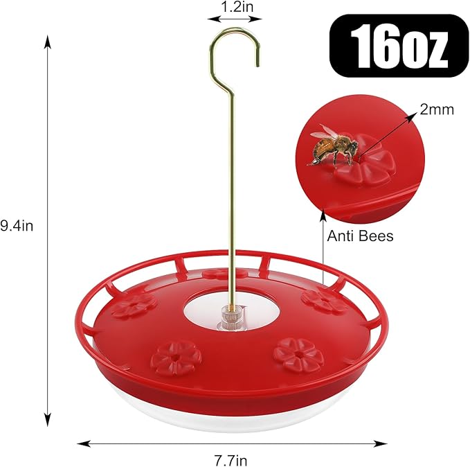 FEED GARDEN 16 oz Plastic Disc Hummingbird Feeders for Outdoors Hanging, Leak-Resistant Nectar Feeder with 5 Ports, Wide Mouth Easy Clean & Refill, Built-in Ant Moat for Garden Backyard