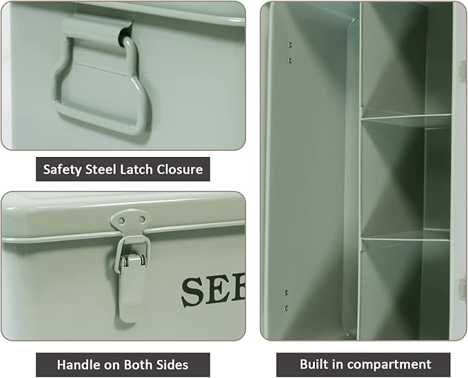 Seed Storage Box Metal Container Organizer, 4-Compartment Garden Seed Box with Safety Locks - Grayish Green