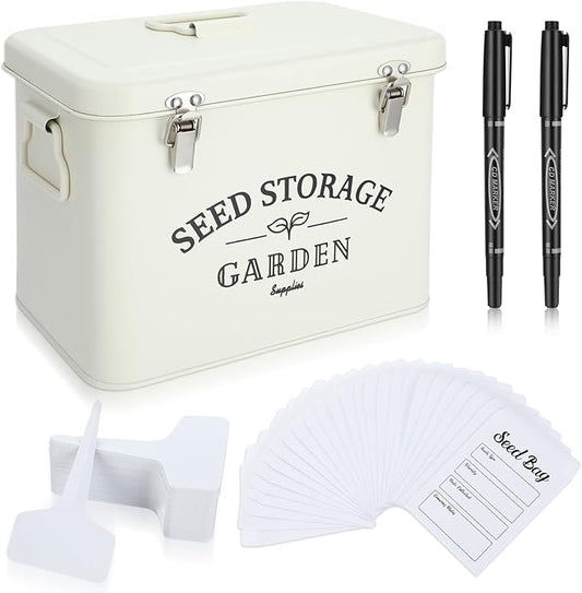 Maitys Seed Storage Container Box with Lid Garden Seed Packet Storage Organizer Decorative with Dividers and 100 Plant Labels 50 Seeding Envelopes 2 Marker Pens(Stylish,8.5 x 5.5 x 6.7)