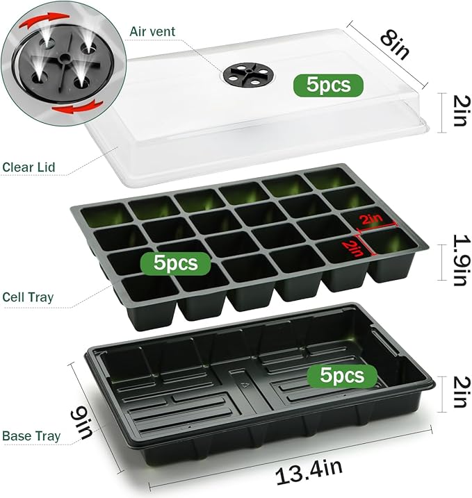 24XL Cell Seed Starter Tray with Dome-5 Pack 2'' Plug Seedling Trays(total 120 cells), Plant Germination Tray with Humidity Vented Lid and Base, Mini Propagator Plant Greenhouse for Seed Growing