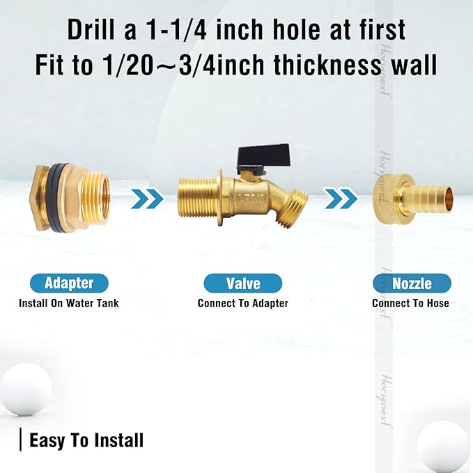 spigot for rain barrel parts kit, brass water barrel spigots accessories for 55 gallon bucket, garden hose connector adapter bulkhead fitting, 1-1/4 inch O.D. inlet & 5/8 inch barb O.D.