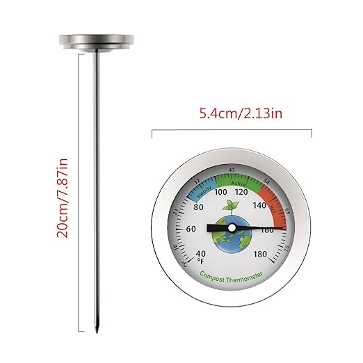 8 Inch Long Stem Soil Compost Thermometer Stainless Steel Temperature Probe 40-180°f Gauge for Backyard Gardening Farming Seeding Transplanting No Battery Needed