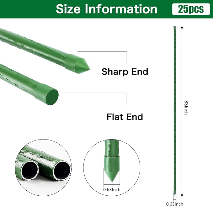 FEED GARDEN Garden Stakes 83 Inch 7ft 25 Pack,Sturdy Plant Metal Sticks Support,Plastic Coated Plant Stakes,Tomato Stakes,Beans,Trees
