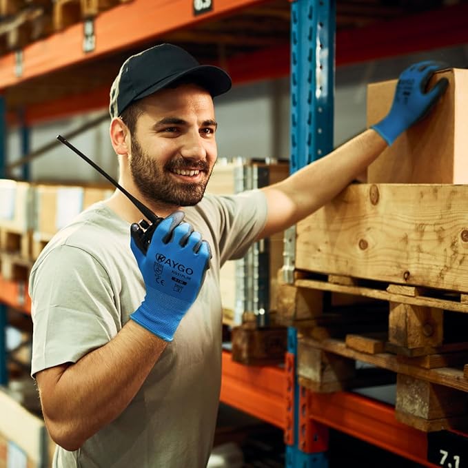 KAYGO Work Gloves for Men and Women, 12 Pairs Seamless Knit PU Coated Safety Gloves, with Smooth Grip on Palm and Fingers, Ideal for Light Warehouse, Manufacturing, Gardening, KG11P (XL, Blue)