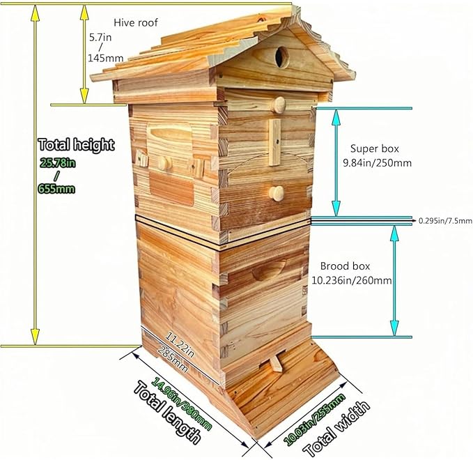 Self-Flowing Honey Beehive Kit with Observation Window, Wooden Beekeeping Box for Garden Pollinators, Includes 4 Frames & 6 Honeycomb Trays, Easy Honey Harvesting