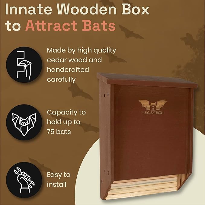 BIGBATBOX Wooden Large Bat House for Outdoors - 2 Chamber, Brown, Fits Up to 75 - Proven Backyard Bat Box Kit Design for Attraction