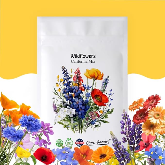 California Wildflower Mix - 10,000 Seeds - 17 Varieties - No Fillers, Open Pollinated and Non GMO, Perennial and Annual Garden Flowers, Attracts Bees and Butterflies