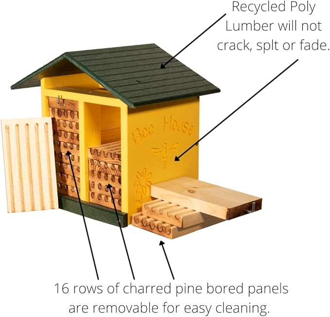 JCs Wildlife Double-Wide Large Poly Lumber and Pine Mason Bee House - Attracts Bee Pollinators in Your Garden - Handmade in The USA