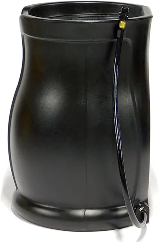 FCMP Outdoor 45-Gallon Catalina Rain Barrel – BPA-Free, Flat-Back Design with 3.5 Foot Garden Hose, Shut-Off Thumb Valve, and Fixed Lid (RB-CAT-BLK) Black