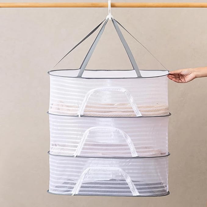 Herb Drying Rack, 3 Layer Hanging Mesh Net Herb Dryer with Foldable Mesh Net for Herbs, Fruits Vegetables Plants