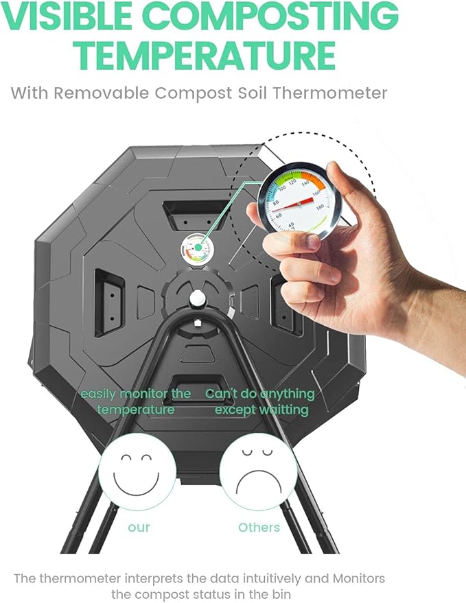 EJWOX 43 Gallon Dual Chamber Tumbling Composter with Integrated Thermometer - Rotatable Outdoor Compost Bin, Dual Batch Design for Garden Waste, Black