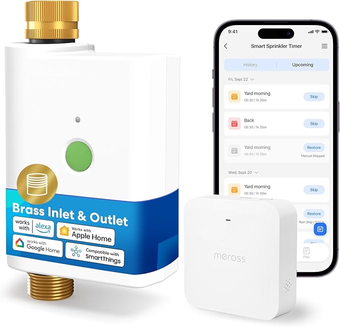 meross WiFi Water Timer for Garden Hose, Smart Hose Timer with Brass Inlet & Outet, WiFi Sprinkler Valve Work with Apple Homekit, Alexa & Google Assistant, Smart Rain Skip for Lawn, Garden & Yard