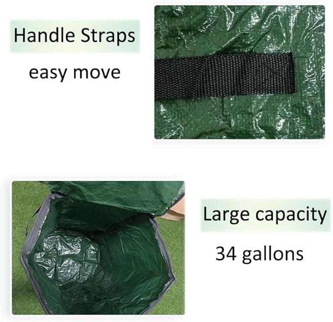 34 Gallon Garden Compost Bin Bag, Reusable Organic Fertilizer Fermented Bag with Lid,Collapsible Leaf Lawn Bags Gardening Container (Green)