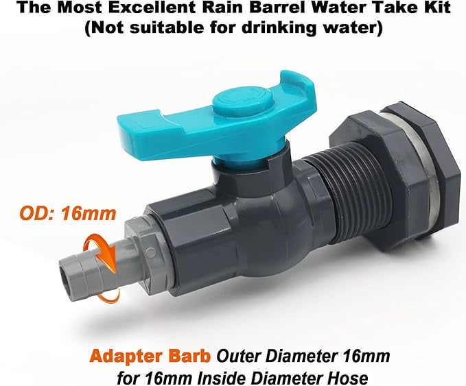 Rain Barrel Spigot PVC Faucet Kit with Bulkhead Fitting, Ball Valve, Garden Hose Barb Adapter, Pipe Clamps, Thread Seal Tape (16mm ID Hose)
