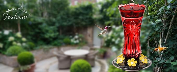 Hummingbird Feeders for Outdoors, Durable Hanging Humming Birds Feeders with 6 Bee Guard Feeding Ports & Built-in Ant Moat, Easy to Clean, Ideal for Garden Decor, 18 OZ, (1, Red)
