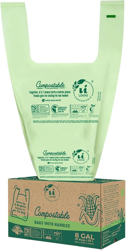 UNNI Compostable T-Shirt Bags with Tie Handles, 8 Gallon / 30 Liter, 30 Count, 0.80 mil Medium Kitchen Compost Liners, Certified by BPI, CMA & OK compost HOME, Meets ASTM D6400