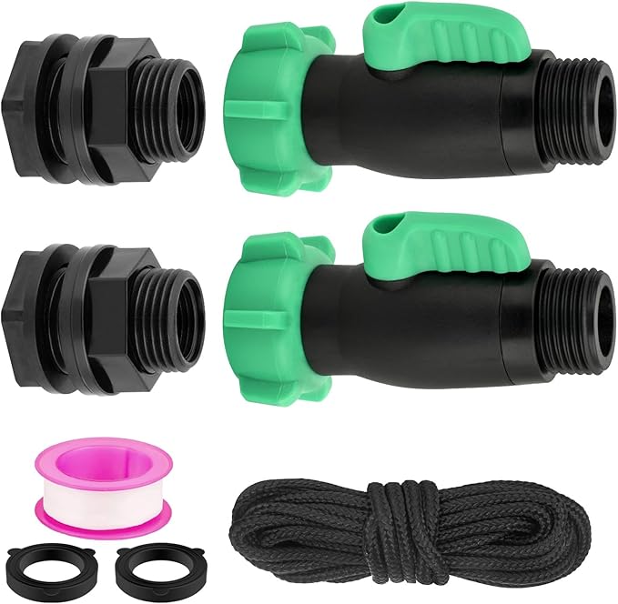 2 Pack Rain Barrel Spigot Kit, 3/4" GHT Heavy Duty Plastic Water Hose Shut Off Valve with Bulkhead Fitting, Garden Hose Shut Off Valve with 4 Gasket, 2 Traction Rope and Tape