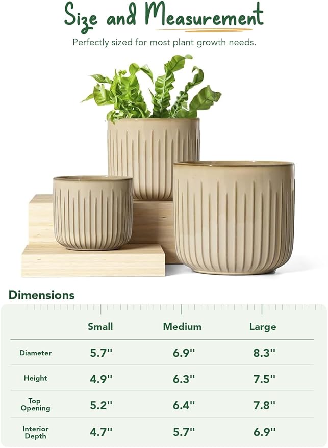LE TAUCI Fluted Ceramic Pots for Plants, 8.3/7/6 Inch Indoor Planters with Drainage Holes & Mesh, Modern Glossy Glaze Cylinder Plant Pot for Snake Plant, Set of 3, Sand Beige