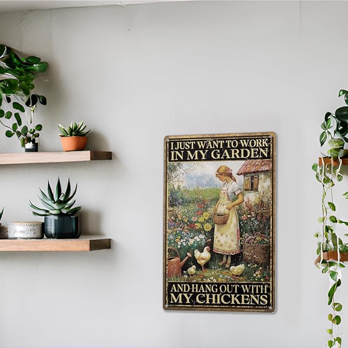 Funny Garden Sign – I Just Want to Work in My Garden and Hang Out with My Chickens | 12x8″ Vintage Metal Sign for Outdoor Decor - Gardening Gift for Women Chicken & Plant Lovers, 2486