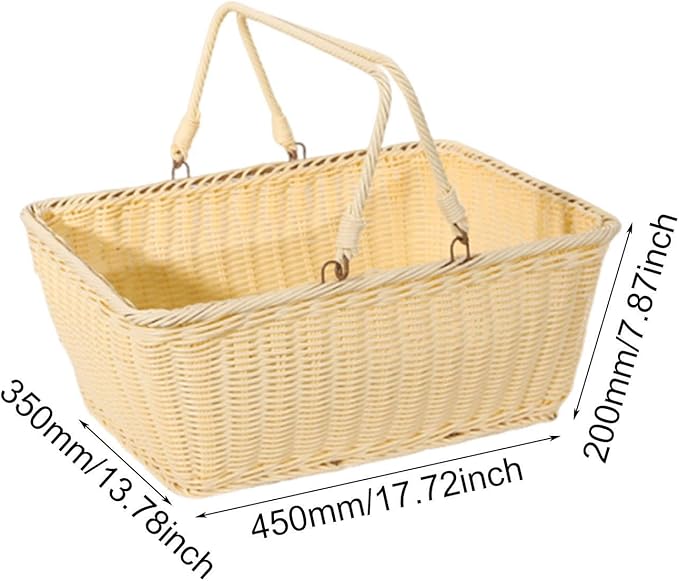 MYCENSE Wicker Picnic Storage Basket with Foldable Handle, PP Woven Empty Picnic Baskets, Sturdy Iron Wire Frame, Versatile Harvest Basket for Camping, Beach, Park, Halloween, B 45x35x20cm