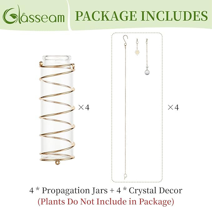 Glasseam Hanging Propagation Stations with Crystal Suncatchers Glass Wall Planters for Indoor Plants Hydroponics - 4Pcs Propagation Tubes Jars with Metal Chain for Home Decor - Unique Gift for Women