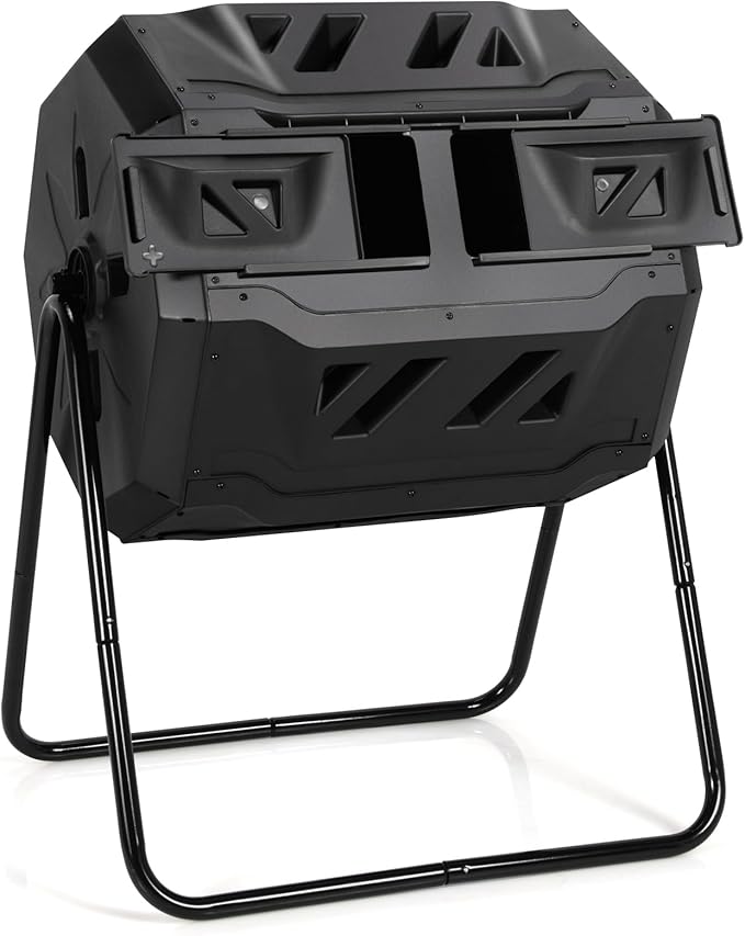 Goplus Compost Tumbler, 43 Gallon Rotating Compost Bin Barrel, Dual Chamber Tumbling Composter with Sliding Door, Gloves, Aeration System for Outdoor, Garden, Yard