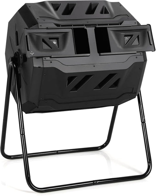 Goplus Compost Tumbler, 43 Gallon Rotating Compost Bin Barrel, Dual Chamber Tumbling Composter with Sliding Door, Gloves, Aeration System for Outdoor, Garden, Yard