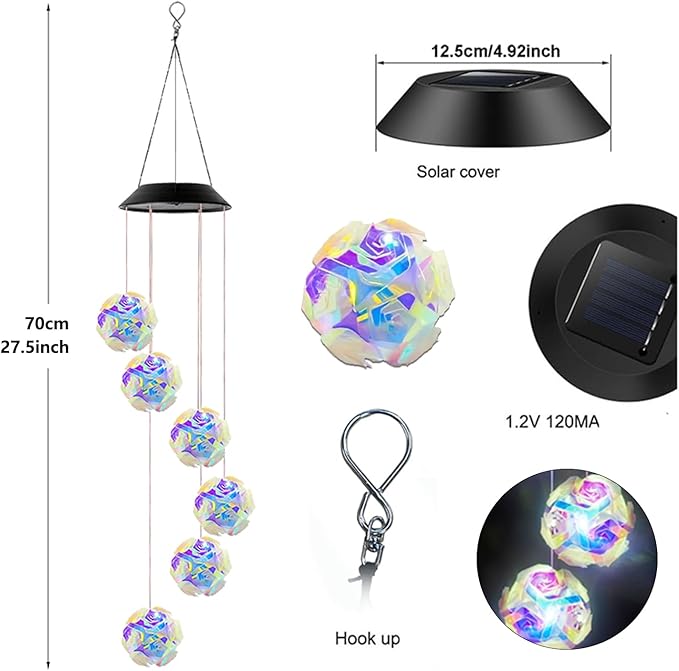 Solar Wind Chimes for Outside,Color Changing Colorful Rose Ball Solar Hanging Lights Outdoor,Waterproof Outdoor Solar Powered Lights for Garden Patio Yard Home,Gifts for Mom