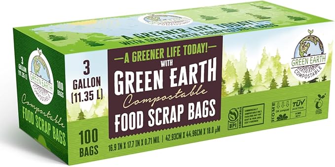 Green Earth Compostable Small Kitchen Food Scrap Trash Bags, Compost Bin Compatible, 3 Gallon, 11.35 Liter, 300-Count, Extra Thick 0.71 Mil, ASTM D6400, BPI (US) & OK Compost Home (EU) Certified