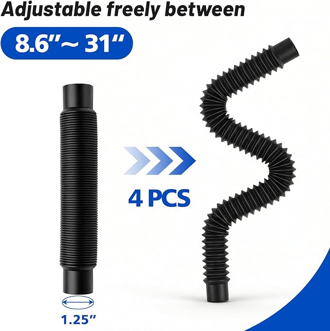 Rain Barrel Hose Connector Kit 1.25"Dia Downspout Diverter Kit Linking Rainwater Overflow Barrels to Store More Rainwater for Outdoor Home Garden(4Pcs, Each8.6"-31"Long)