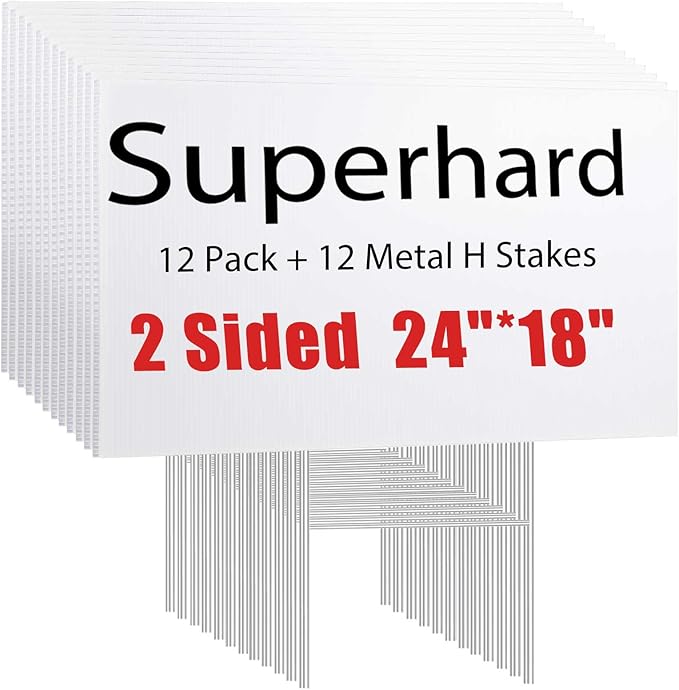 12 Pack Large Blank Yard Signs 18 x 24" with Metal Stakes, White Plastic Yard Lawn Sign for Birthday Decoration,Garage Sale,Guidepost, Open House, Rent