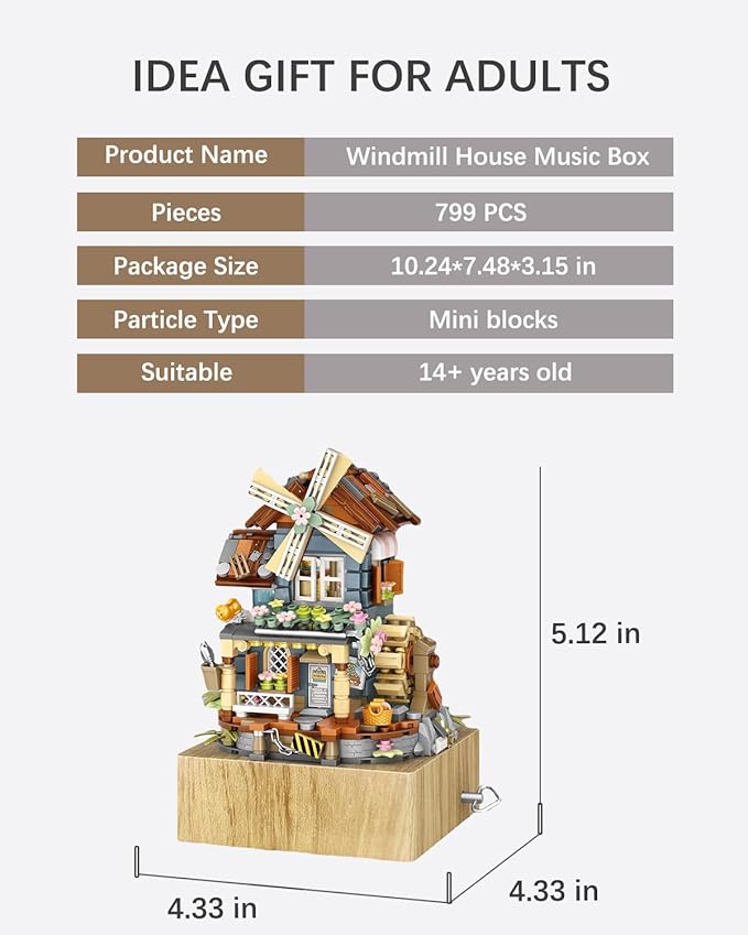 Music Box Building Blocks Set, Japanese Rustic Style Windmill House Toy Set, Mini Farm House MOC Creative Model, Gifts Idea for Kids Adults (Mini Blocks 799pcs)-1239