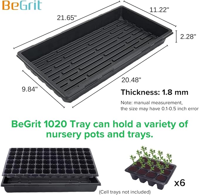 BeGrit 1020 Trays Thickened Nursery Plant Trays Seedling Tray Seed Starter Tray Microgreen Growing Tray No Drain Holes -6 Pack