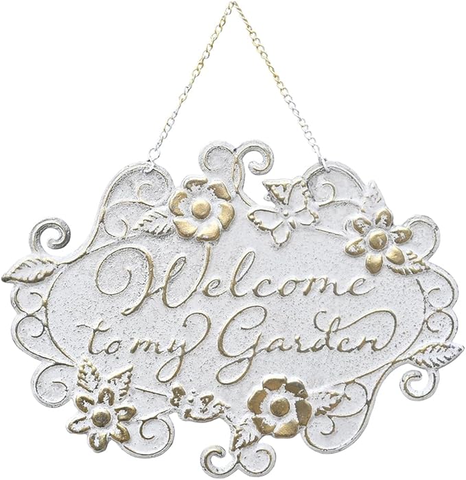 All Chic Welcome to My Garden Sign Hanging Yard Sign for Garden Decor Rustic Farmhouse Backyard Outdoor Wall Decor(White)