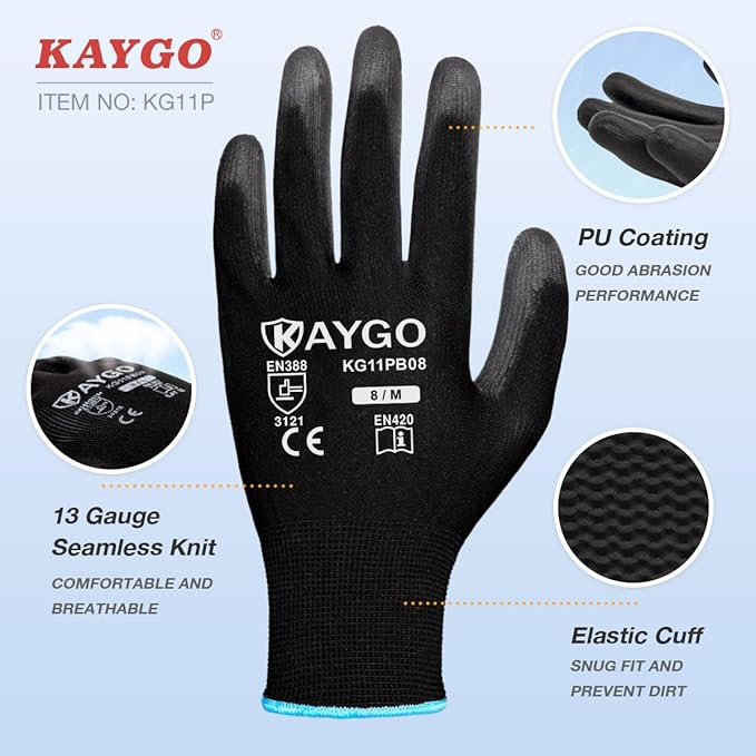 KAYGO Work Gloves for Men and Women,12 Pairs Seamless Knit PU Coated Safety Gloves, with Smooth Grip on Palm and Fingers, Ideal for Light Warehouse, Manufacturing, Gardening, KG11P (L, Black)