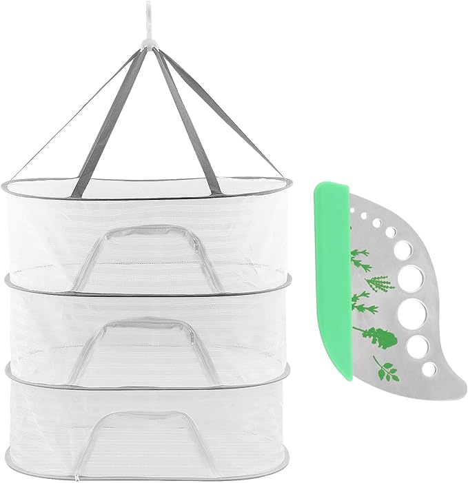 Herb Drying Rack 3 Layer Hanging Mesh Net, 2pcs/Set Herb Dryer Hanging Rack with Herb Stripper, Foldable Hanging Mesh Dryer for Buds, Fruits, Vegetables, Fish, Clothes, Doll(White)
