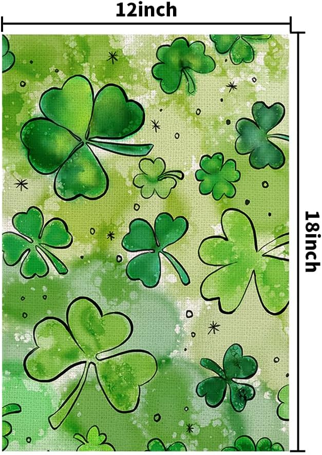 St Patricks Day Garden Flag for Outside 12x18 Inch Burlap Double Sided, Watercolor Green Lucky Shamrock Clover Sign Small Farmhouse Yard Outdoor Decoration DF434