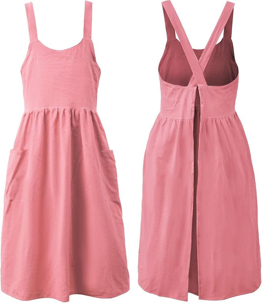 Uaussi Cotton Linen Apron Cross Back Work Apron for Women with Pockets Pinafore Dress X Cross Halter Apron for Chef Gardening